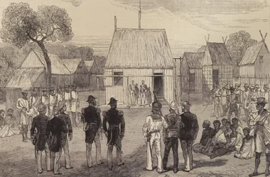 Recepción de oficiales navales británicos por el gobernador nativo de Mohabo, Madagascar, de The Illustrated London News, 26 de noviembre de 1881